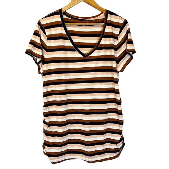 Isabel Maternity Brown Striped V-Neck Tee Shirt Short Sleeve Size M - Picture 1 of 5